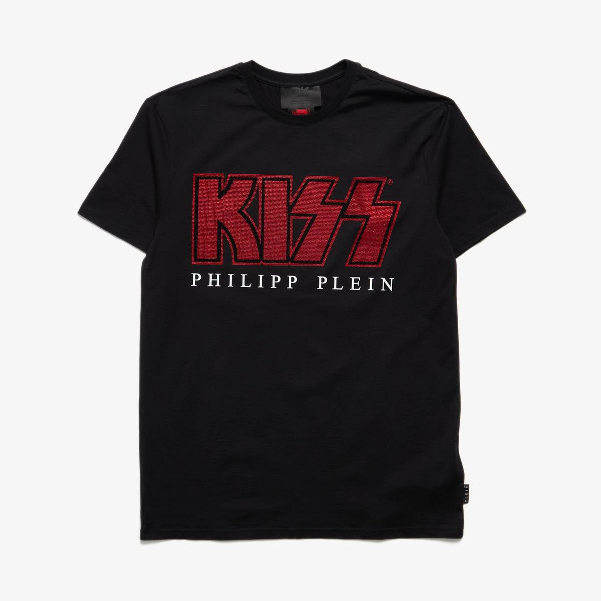 Black t-shirt with red and white 'KISS' logo on a white background