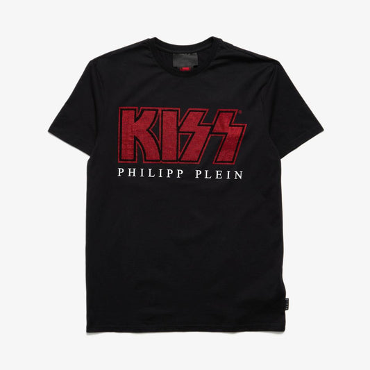 Black t-shirt with red and white 'KISS' logo on a white background