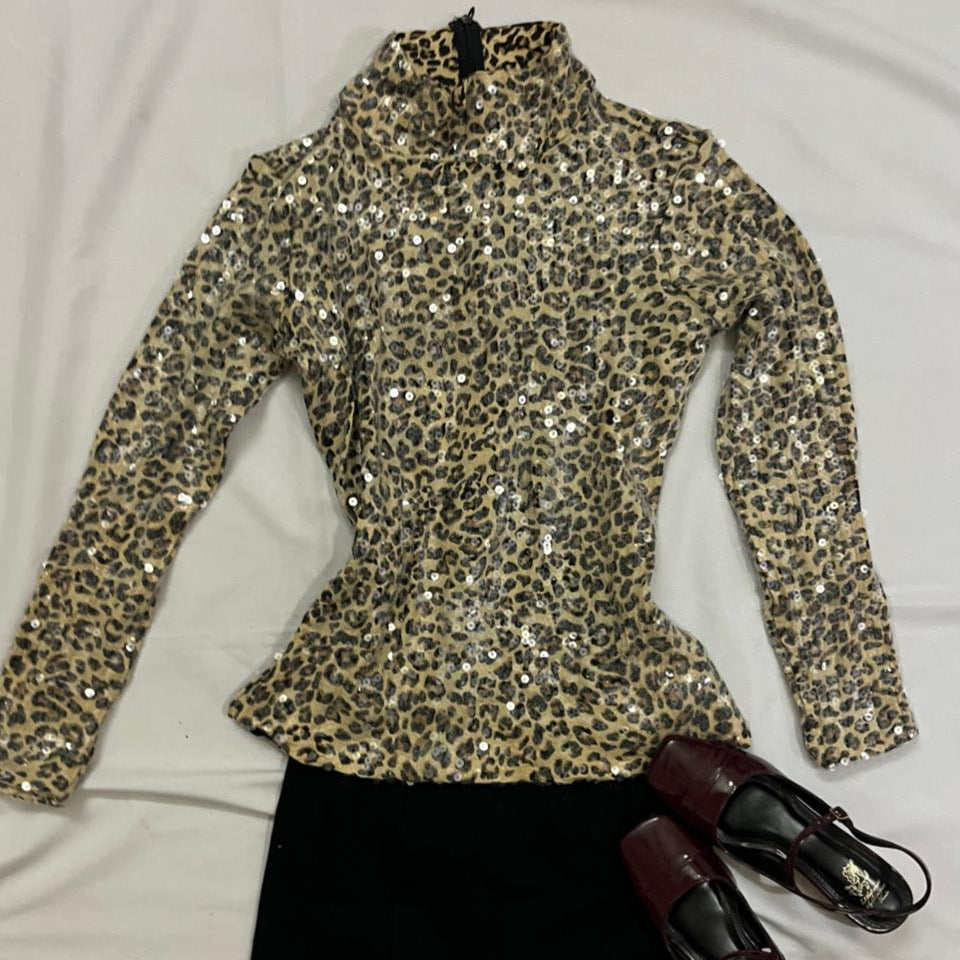 Leopard Print Zip Up Sequinned Top
