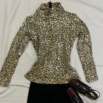 Leopard Print Zip Up Sequinned Top