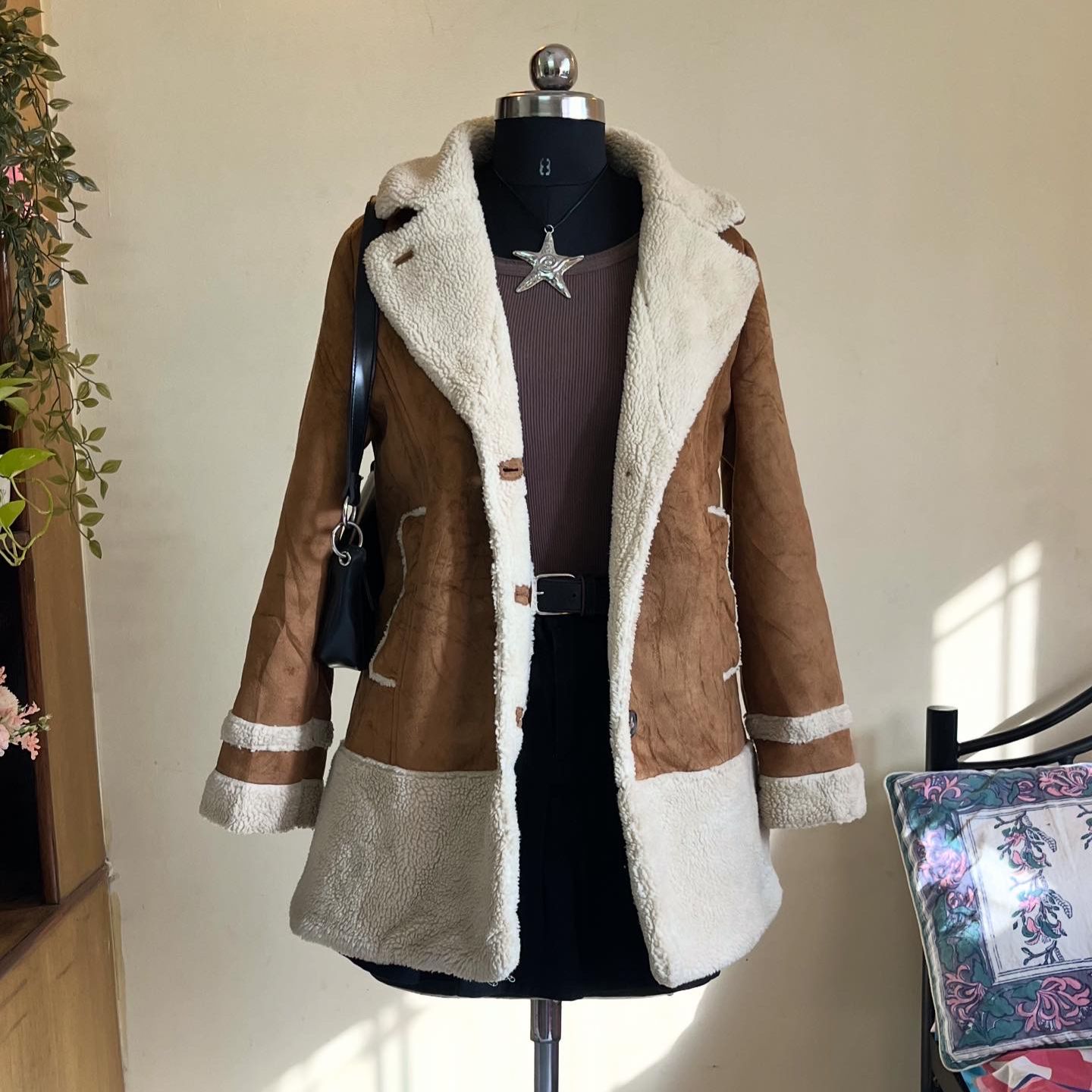 Zara Brown Suede Fur Coat