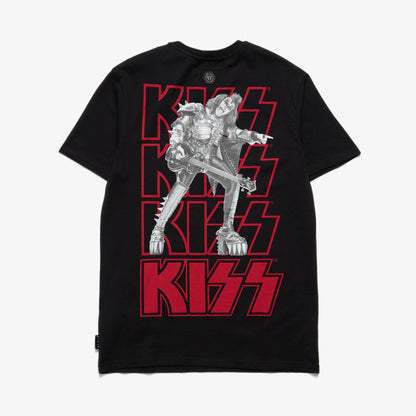 Black t-shirt with red 'KISS' logo and graphic design on a white background